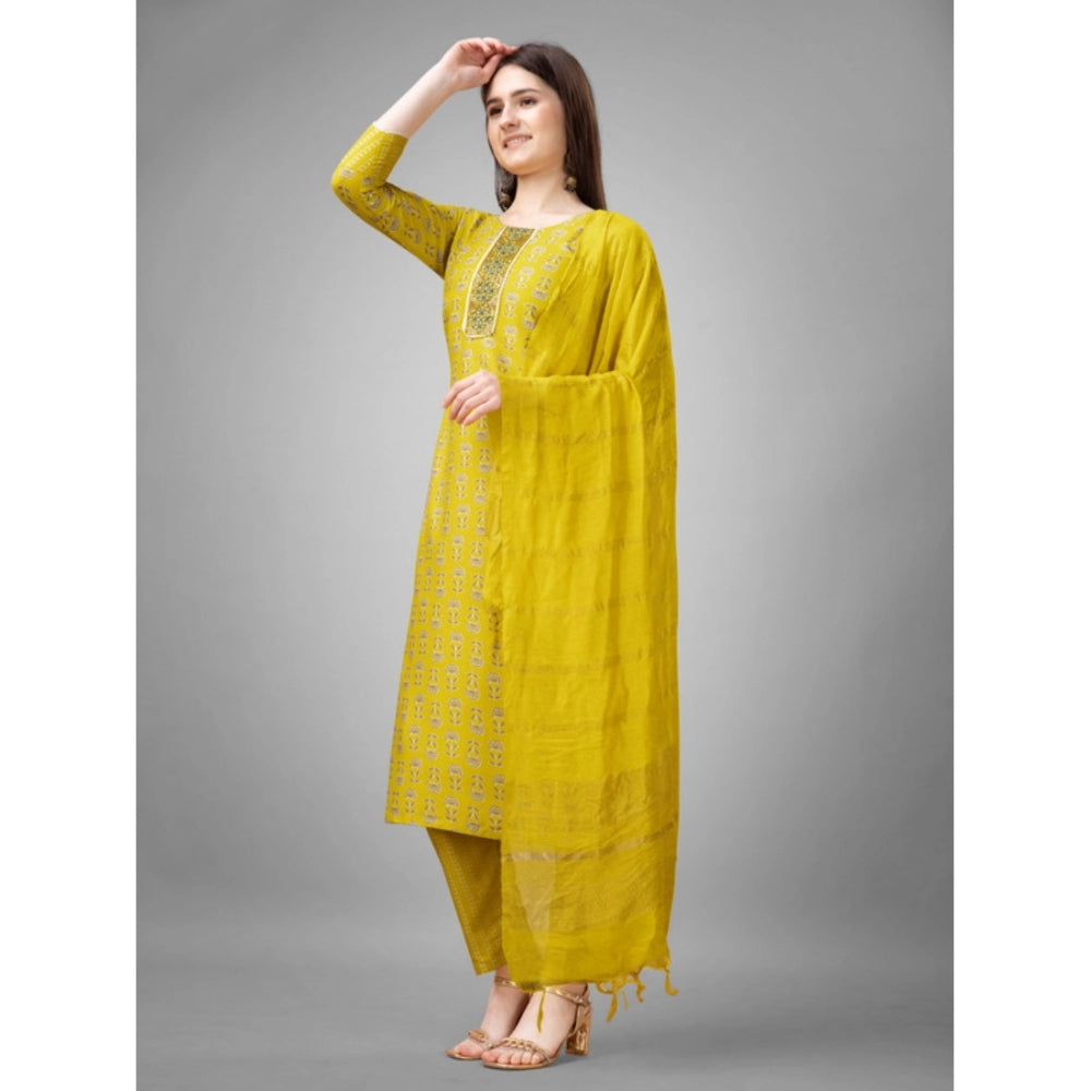 Shopper Beast Women's Casual 3-4 th Sleeve Embroidery Rayon Kurti Pant Dupatta Set (Yellow)