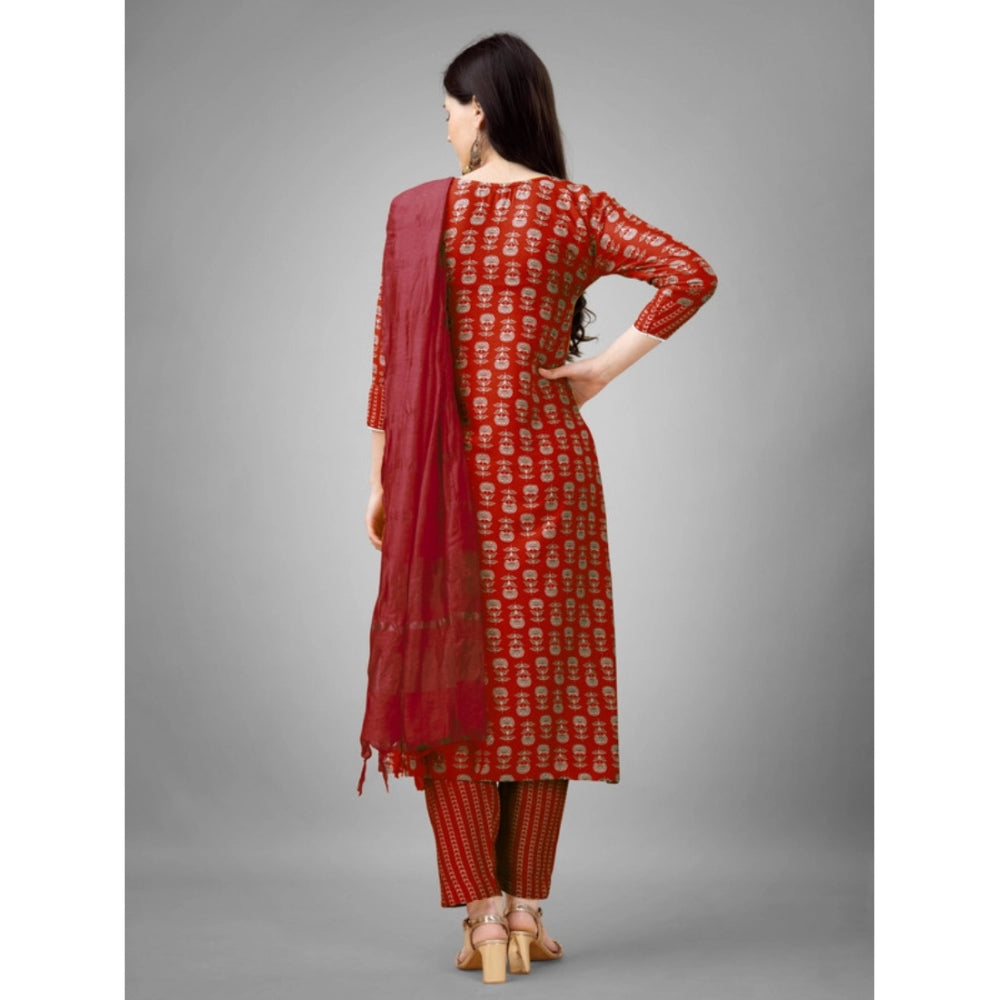 Shopper Beast Women's Casual 3-4 th Sleeve Embroidery Rayon Kurti Pant Dupatta Set (Maroon)