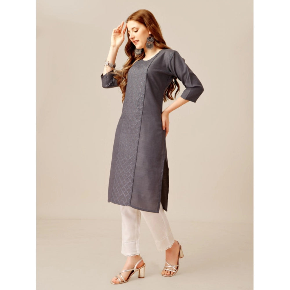 Shopper Beast Women's Casual 3-4 th Sleeve Embroidery Cotton Kurti Pant Set (Grey)