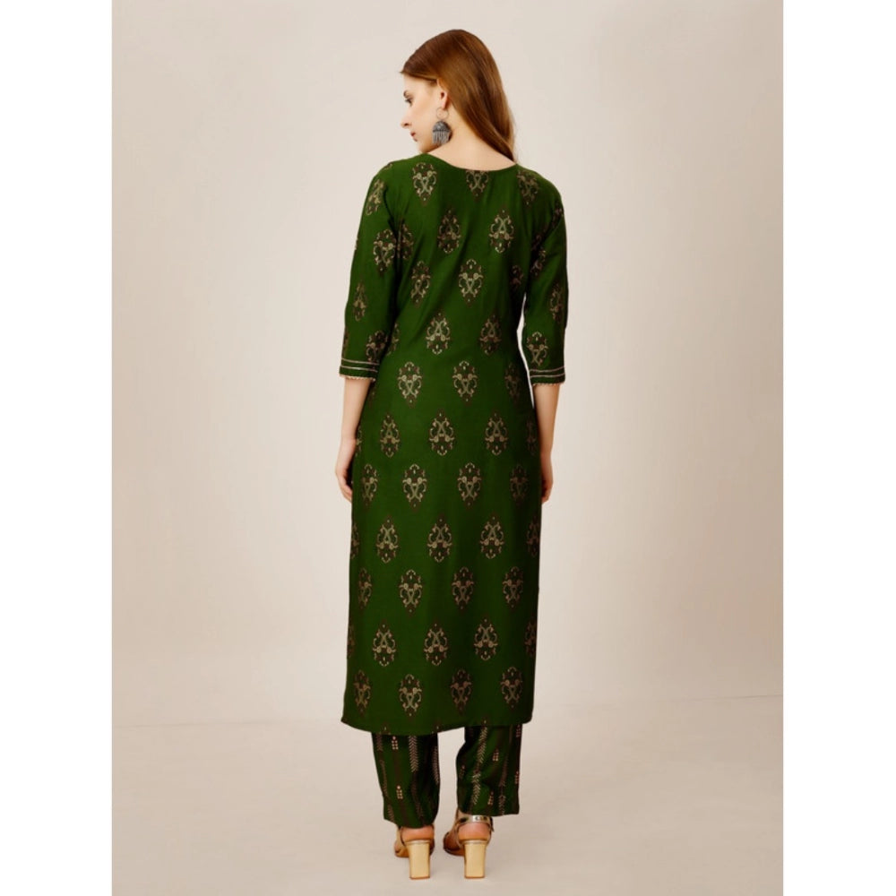 Shopper Beast Women's Casual 3-4 th Sleeve Embroidery Rayon Kurti Pant Set (Green)