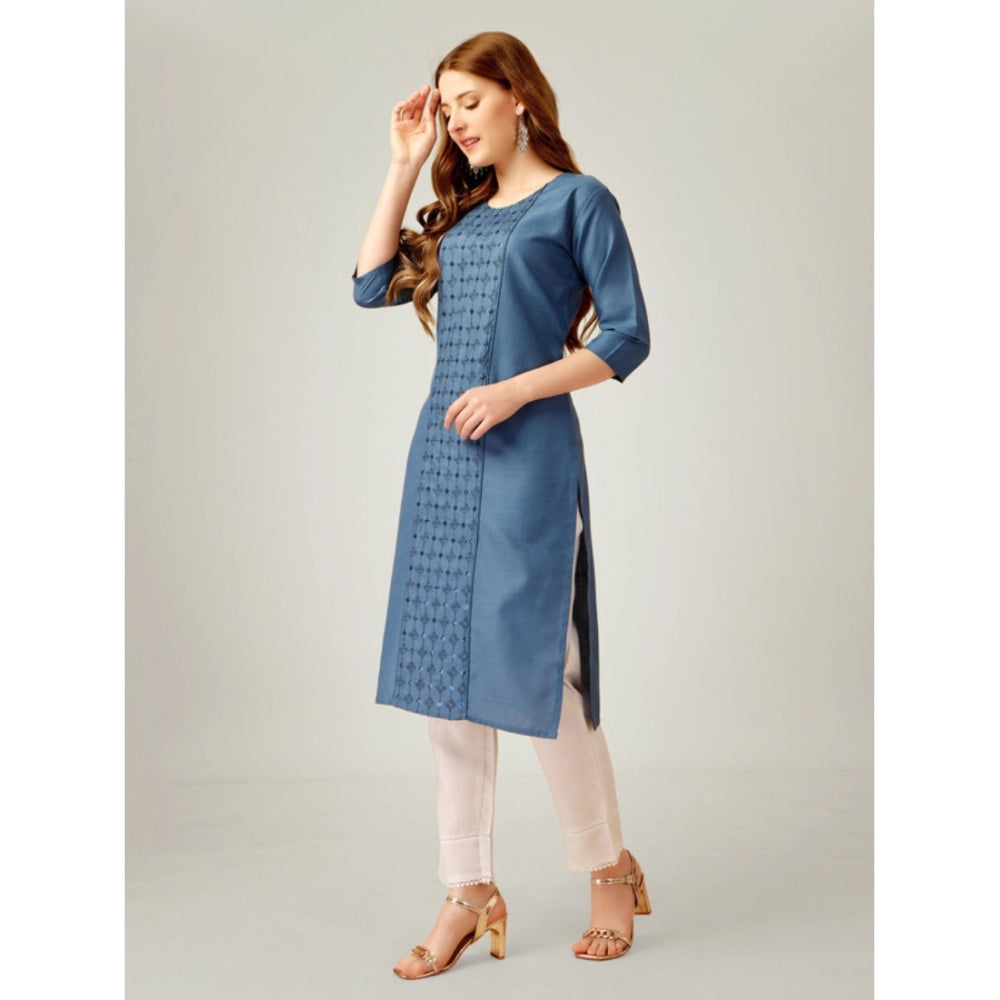 Shopper Beast Women's Casual 3-4 th Sleeve Embroidery Cotton Kurti Pant Set (Light Blue)