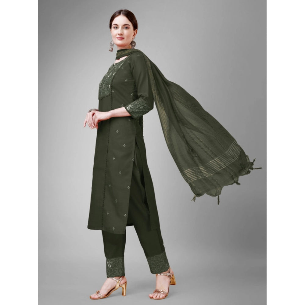 Shopper Beast Women's Casual 3-4 th Sleeve Embroidery Cotton Kurti Pant Dupatta Set (Dark Green)