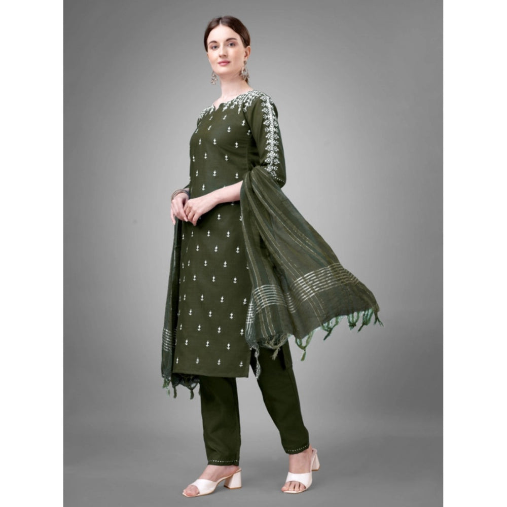 Shopper Beast Women's Casual 3-4 th Sleeve Embroidery Cotton Kurti Pant Dupatta Set (Dark Green)