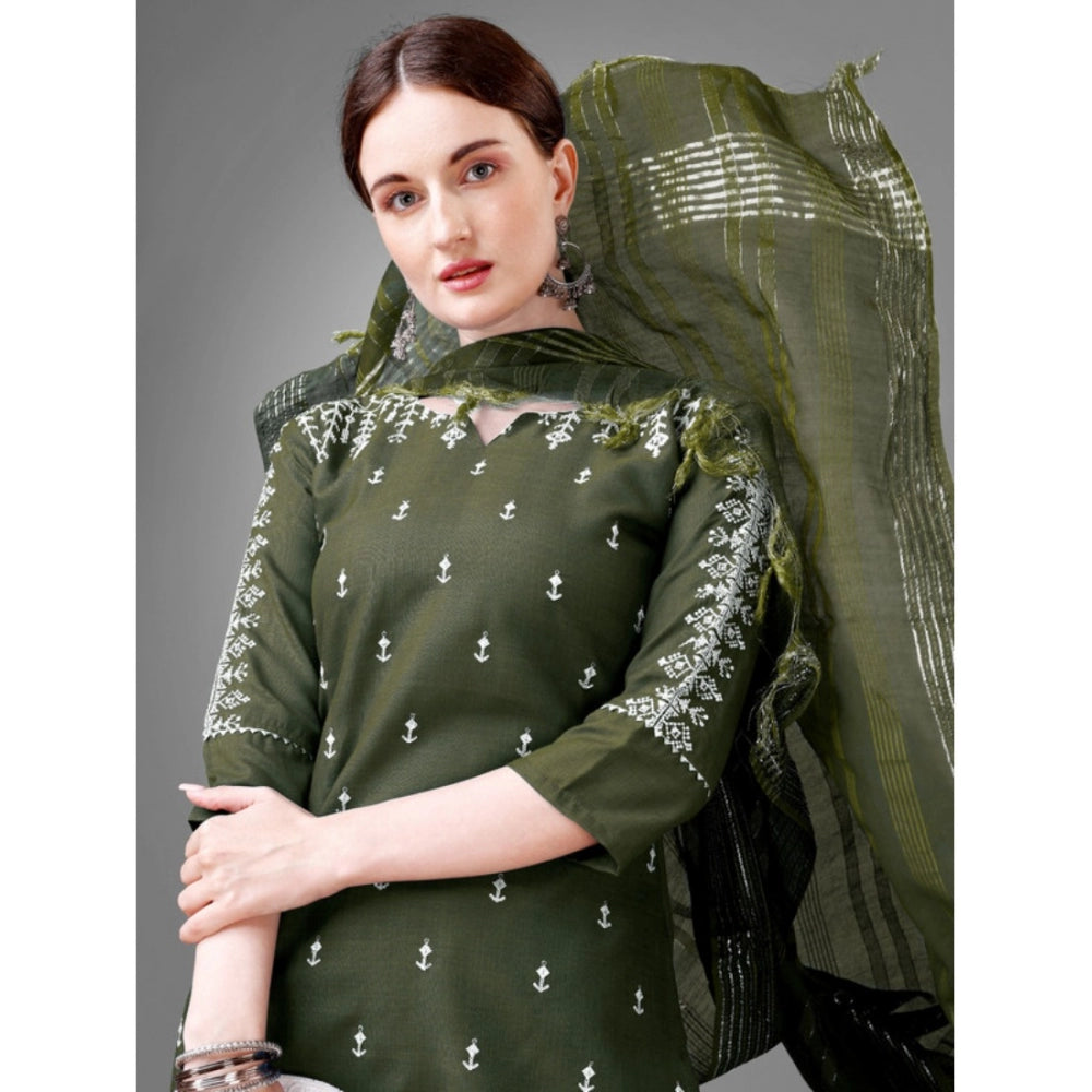 Shopper Beast Women's Casual 3-4 th Sleeve Embroidery Cotton Kurti Pant Dupatta Set (Dark Green)