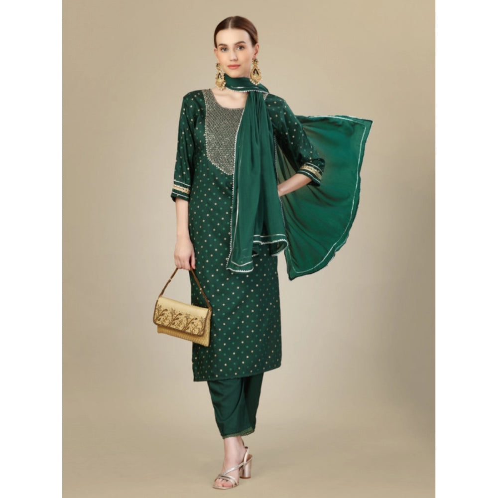 Shopper Beast Women's Casual 3-4 th Sleeve Embroidery Silk Blend Kurti Pant Dupatta Set (Dark Green)