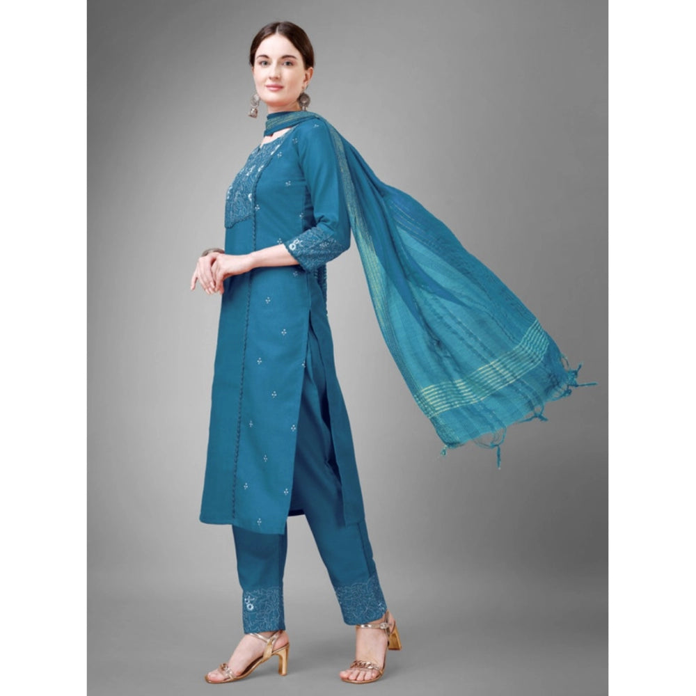 Shopper Beast Women's Casual 3-4 th Sleeve Embroidery Cotton Kurti Pant Dupatta Set (Blue )