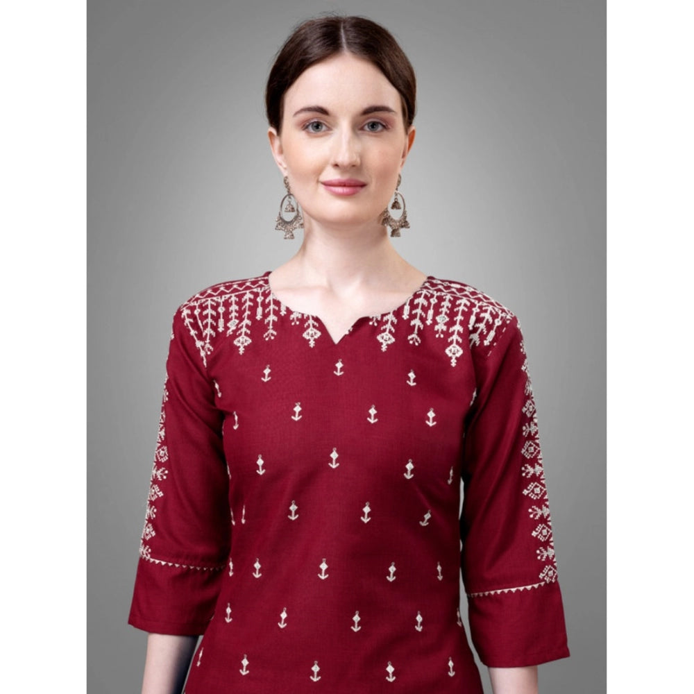 Shopper Beast Women's Casual 3-4 th Sleeve Embroidery Cotton Kurti Pant Dupatta Set (Maroon)