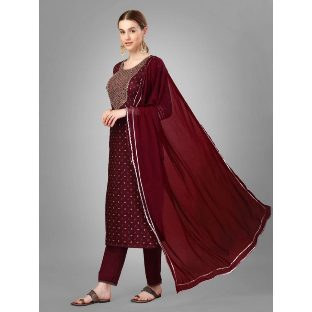 Shopper Beast Women's Casual 3-4 th Sleeve Embroidery Silk Blend Kurti Pant Dupatta Set (Maroon)