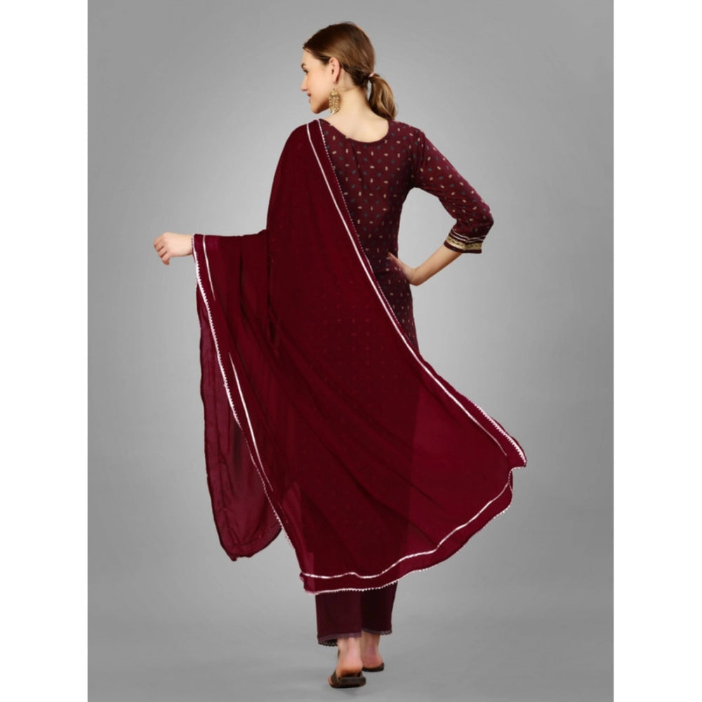 Shopper Beast Women's Casual 3-4 th Sleeve Embroidery Silk Blend Kurti Pant Dupatta Set (Maroon)