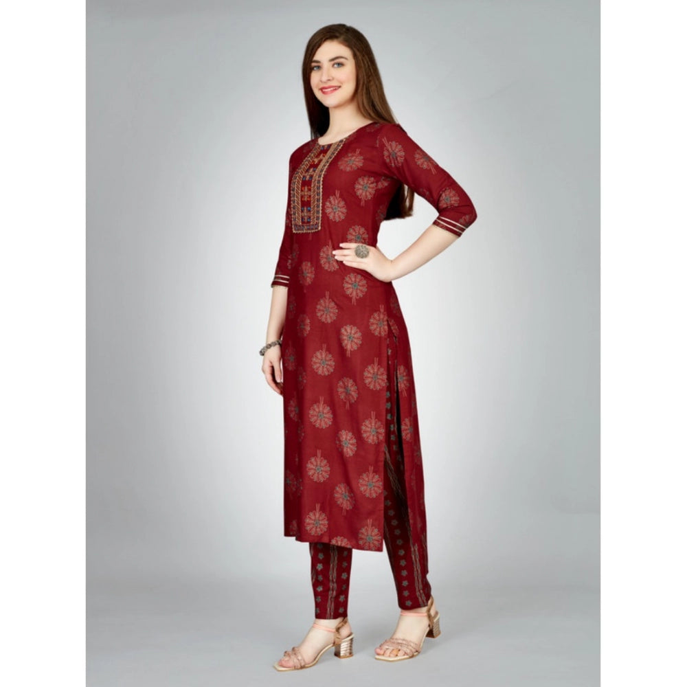 Shopper Beast Women's Casual 3-4 th Sleeve Embroidery Rayon Kurti Pant Set (Maroon)