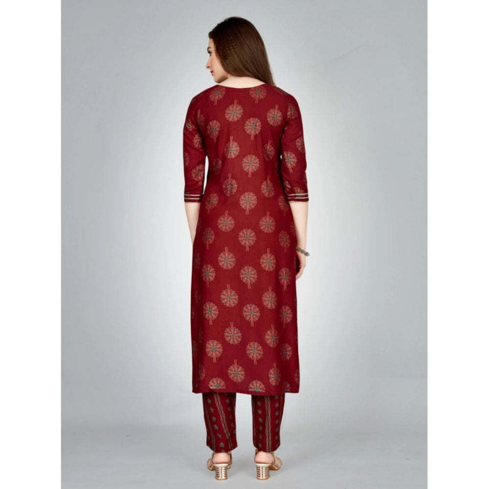 Shopper Beast Women's Casual 3-4 th Sleeve Embroidery Rayon Kurti Pant Set (Maroon)