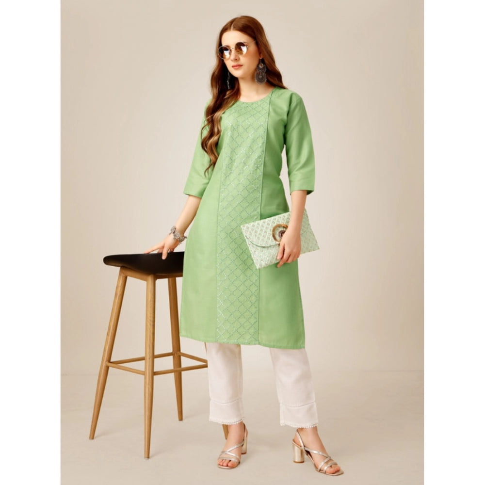 Shopper Beast Women's Casual 3-4 th Sleeve Embroidery Cotton Kurti Pant Set (Pista Green)