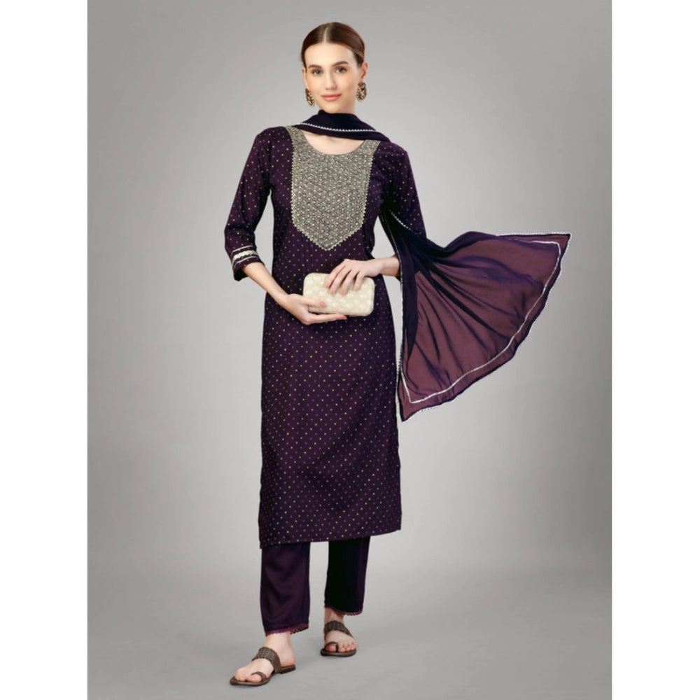 Shopper Beast Women's Casual 3-4 th Sleeve Embroidery Silk Blend Kurti Pant Dupatta Set (Purple)