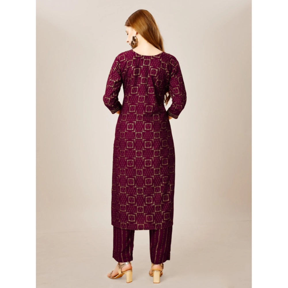 Shopper Beast Women's Casual 3-4 th Sleeve Embroidery Rayon Kurti Pant Set (Purple)