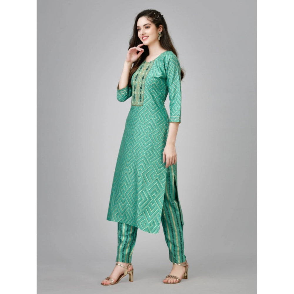 Shopper Beast Women's Casual 3-4 th Sleeve Embroidery Rayon Kurti Pant Set (Green)