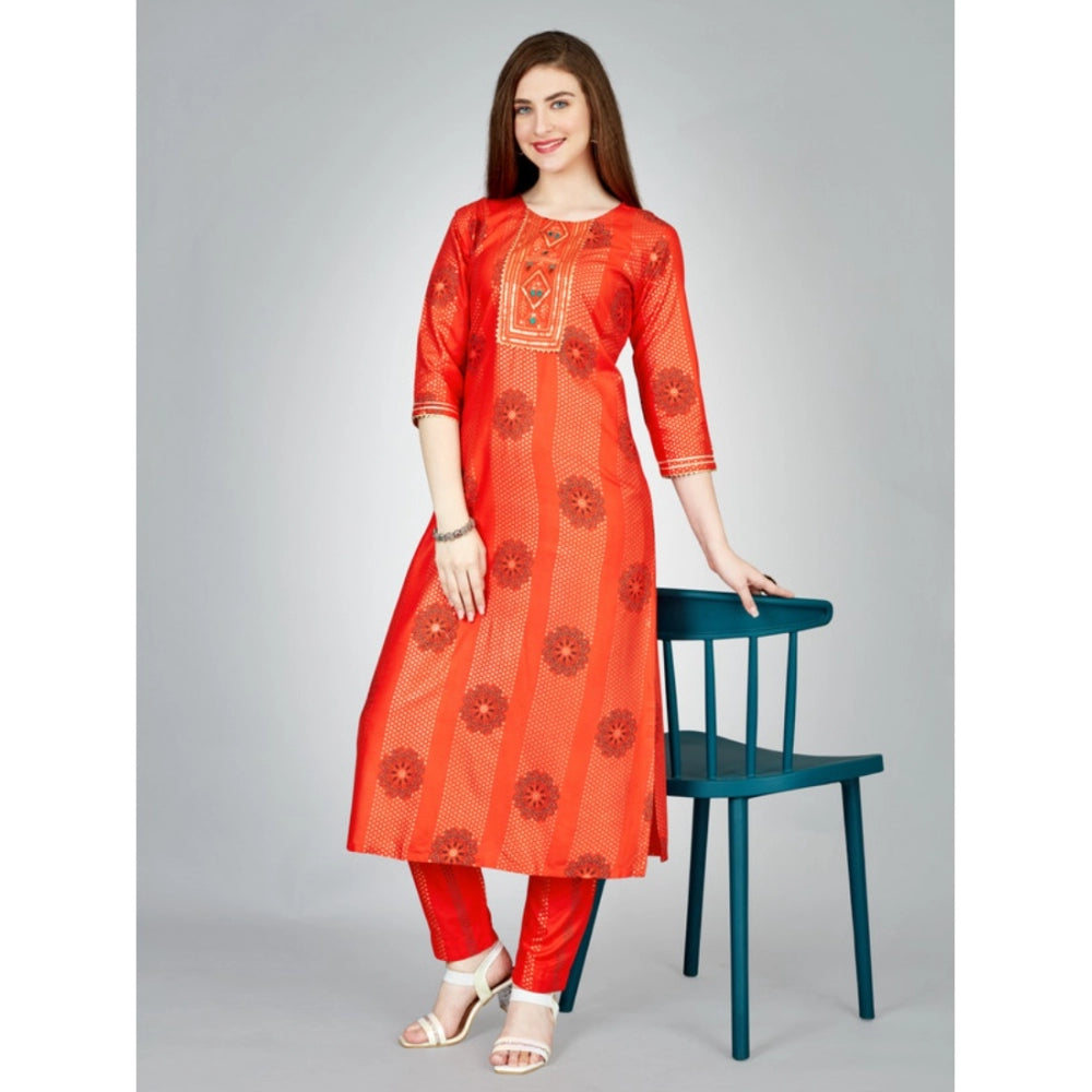 Shopper Beast Women's Casual 3-4 th Sleeve Embroidery Rayon Kurti Pant Set (Orange)