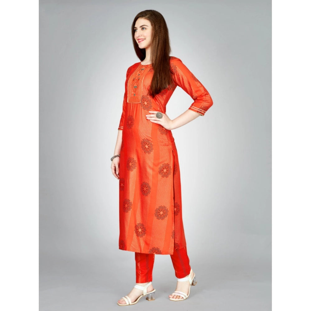 Shopper Beast Women's Casual 3-4 th Sleeve Embroidery Rayon Kurti Pant Set (Orange)