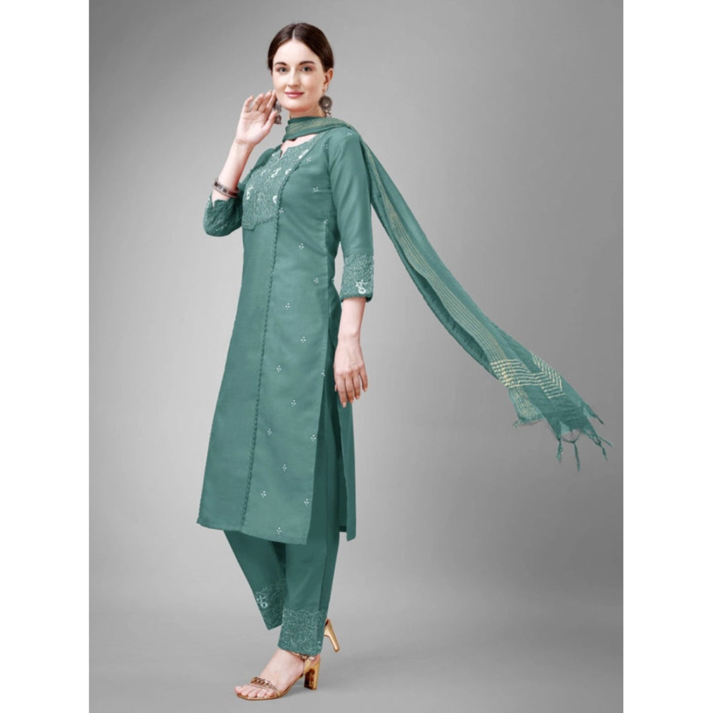 Shopper Beast Women's Casual 3-4 th Sleeve Embroidery Cotton Kurti Pant Dupatta Set (Teal)