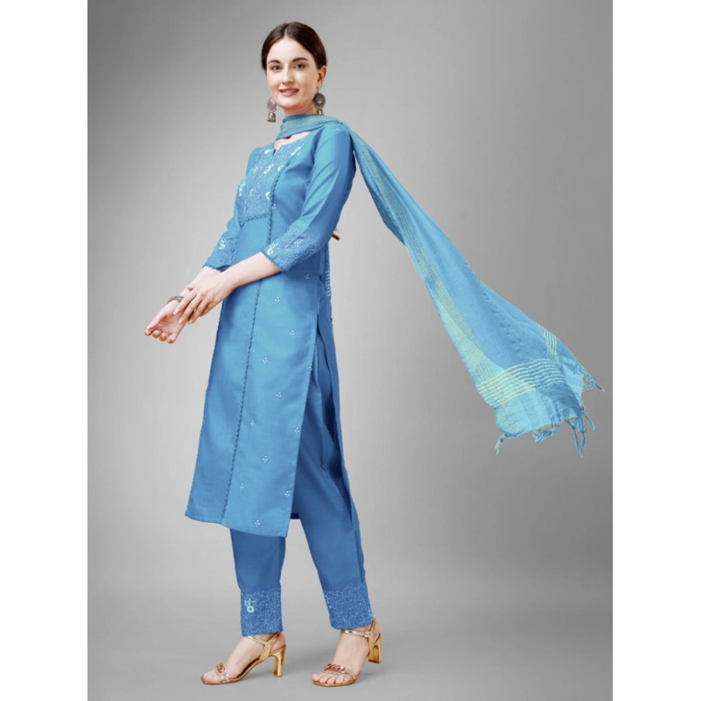 Shopper Beast Women's Casual 3-4 th Sleeve Embroidery Cotton Kurti Pant Dupatta Set (Sky Blue)