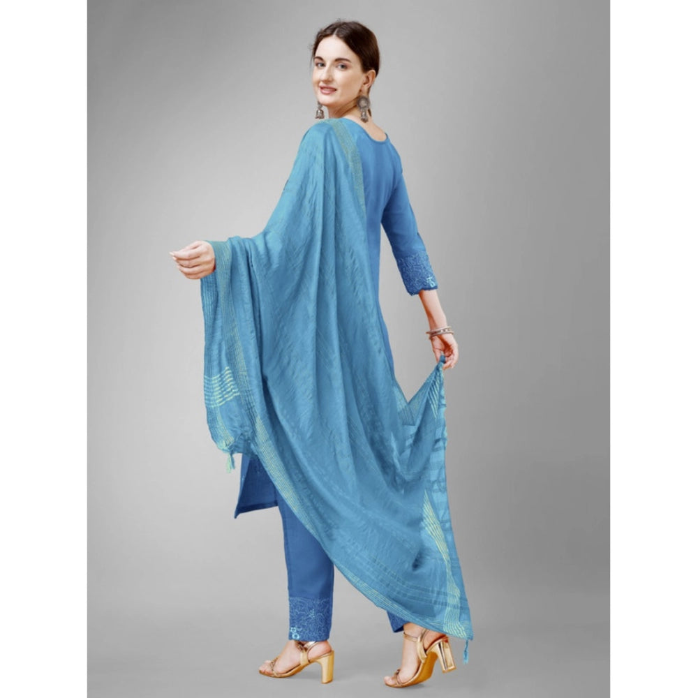 Shopper Beast Women's Casual 3-4 th Sleeve Embroidery Cotton Kurti Pant Dupatta Set (Sky Blue)