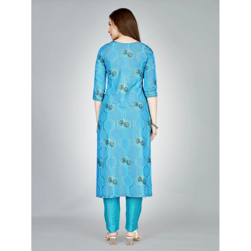 Shopper Beast Women's Casual 3-4 th Sleeve Embroidery Rayon Kurti Pant Set (Light Blue)