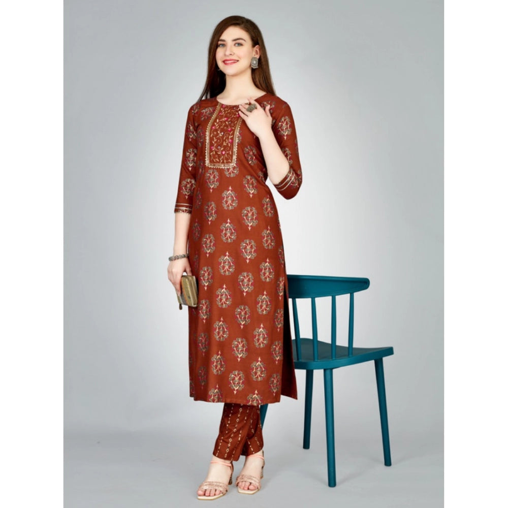 Shopper Beast Women's Casual 3-4 th Sleeve Embroidery Rayon Kurti Pant Set (Brown)