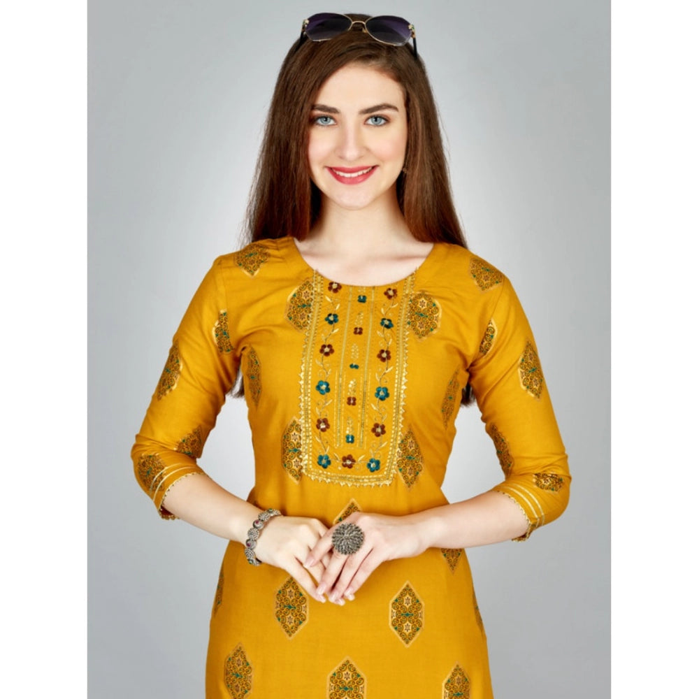 Shopper Beast Women's Casual 3-4 th Sleeve Embroidery Rayon Kurti Pant Set (Yellow)