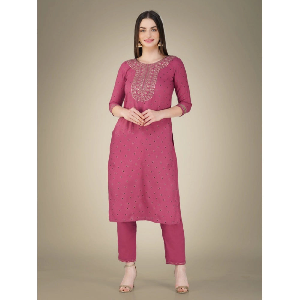 Shopper Beast Women's Casual 3-4 th Sleeve Embroidery Cotton Kurti Pant Dupatta Set (Wine)