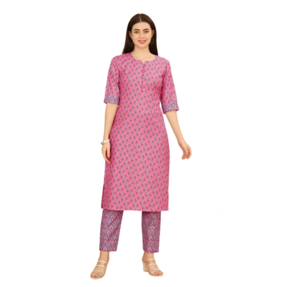 Shopper Beast Women's Casual 3-4 th Sleeve Printed Cotton Kurti Pant Set (Pink)