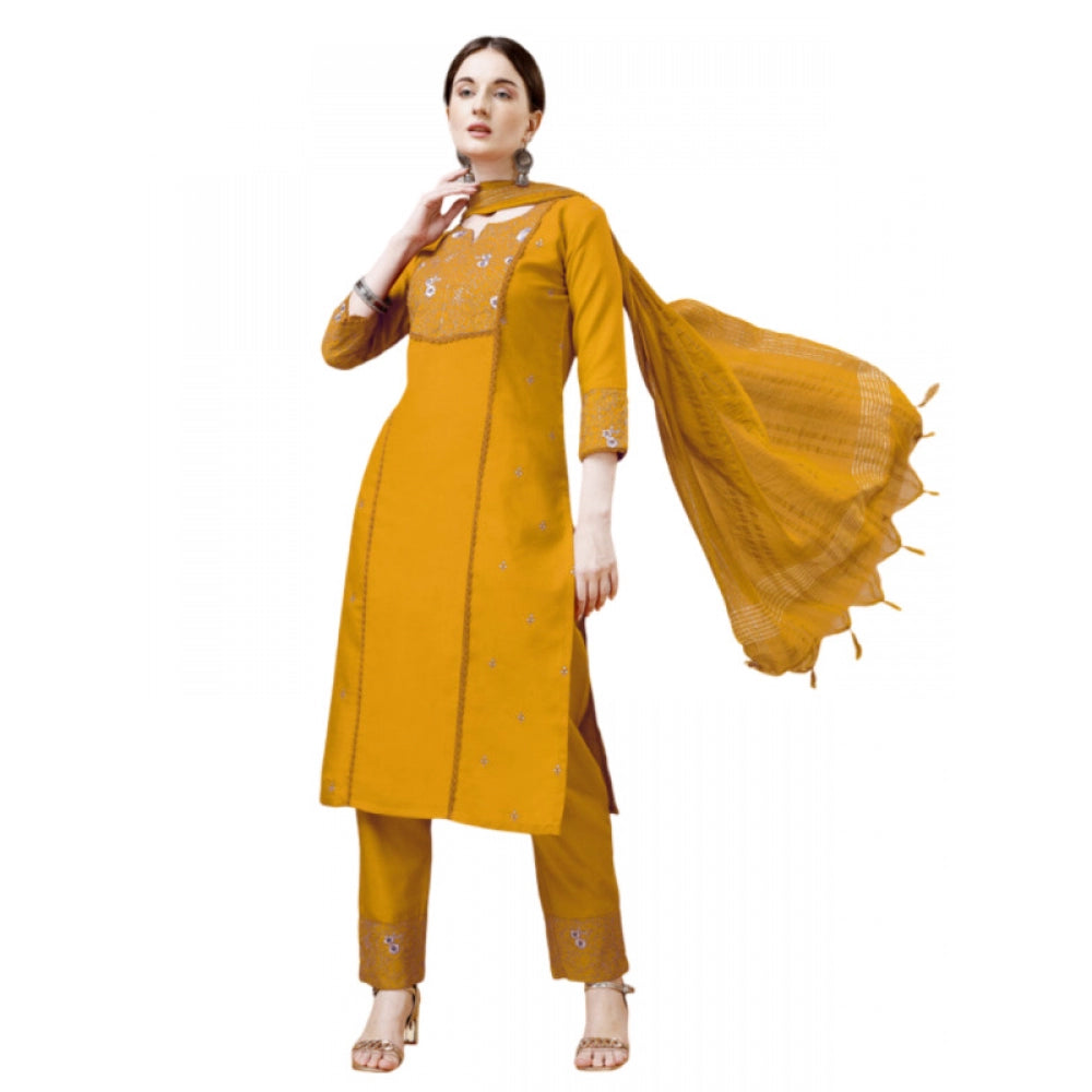 Shopper Beast Women's Casual 3-4 th Sleeve Embroidery Cotton Kurti Pant Dupatta Set (Yellow)