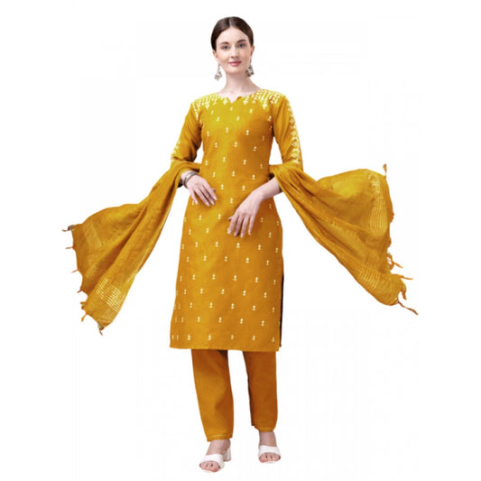 Shopper Beast Women's Casual 3-4 th Sleeve Embroidery Cotton Kurti Pant Dupatta Set (Yellow)