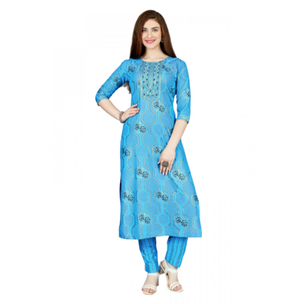 Shopper Beast Women's Casual 3-4 th Sleeve Embroidery Rayon Kurti Pant Set (Light Blue)