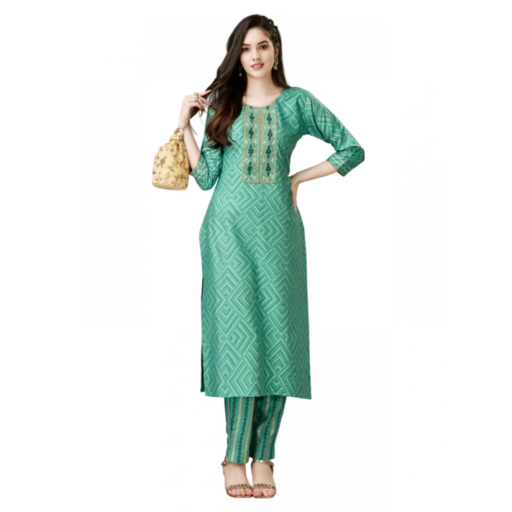 Shopper Beast Women's Casual 3-4 th Sleeve Embroidery Rayon Kurti Pant Set (Green)