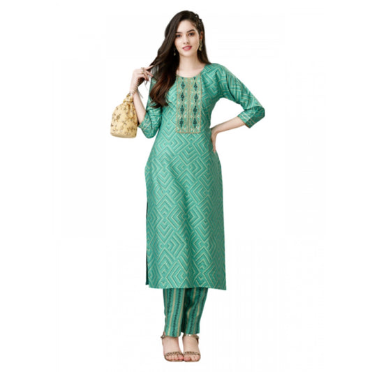 Shopper Beast Women's Casual 3-4 th Sleeve Embroidery Rayon Kurti Pant Set (Green)