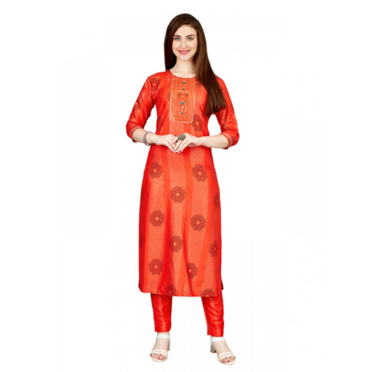 Shopper Beast Women's Casual 3-4 th Sleeve Embroidery Rayon Kurti Pant Set (Orange)