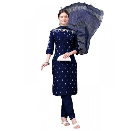 Shopper Beast Women's Casual 3-4 th Sleeve Embroidery Cotton Kurti Pant Dupatta Set (Dark Blue)