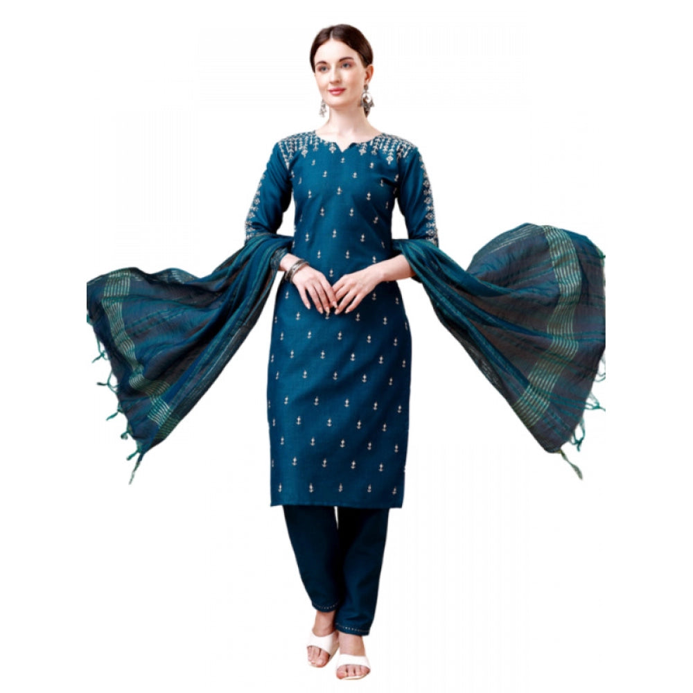 Shopper Beast Women's Casual 3-4 th Sleeve Embroidery Cotton Kurti Pant Dupatta Set (Blue )