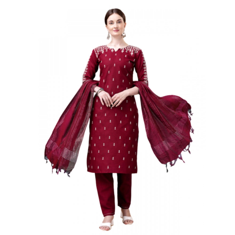 Shopper Beast Women's Casual 3-4 th Sleeve Embroidery Cotton Kurti Pant Dupatta Set (Maroon)