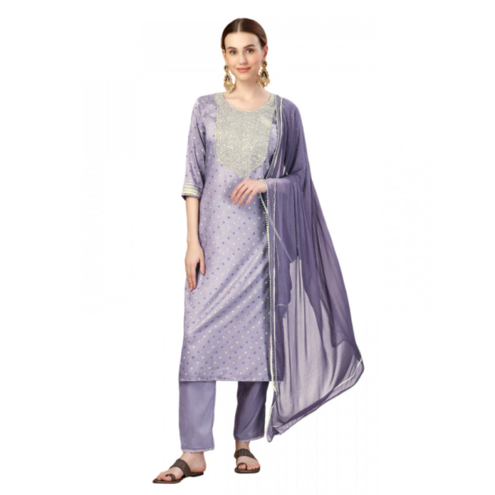 Shopper Beast Women's Casual 3-4 th Sleeve Embroidery Silk Blend Kurti Pant Dupatta Set (Lavender)