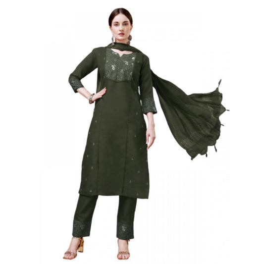 Shopper Beast Women's Casual 3-4 th Sleeve Embroidery Cotton Kurti Pant Dupatta Set (Dark Green)