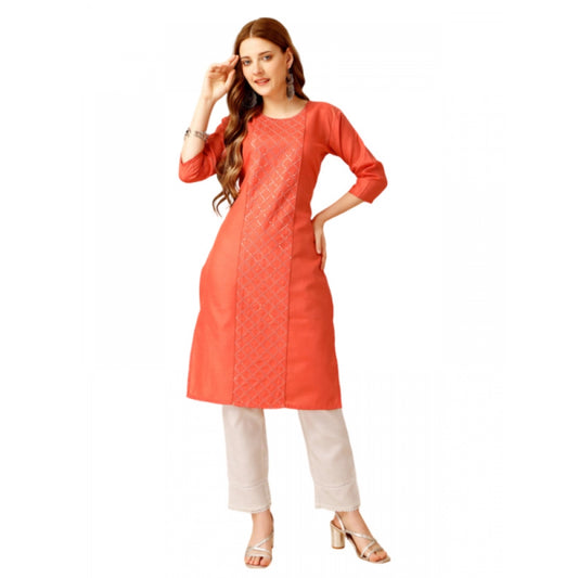 Shopper Beast Women's Casual 3-4 th Sleeve Embroidery Cotton Kurti Pant Set (Orange)