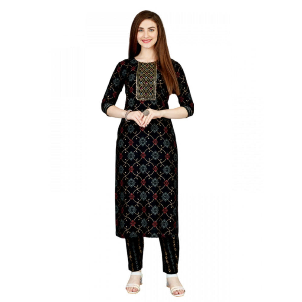 Shopper Beast Women's Casual 3-4 th Sleeve Embroidery Rayon Kurti Pant Set (Black)