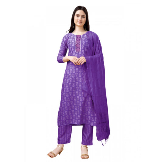 Shopper Beast Women's Casual 3-4 th Sleeve Embroidery Rayon Kurti Pant Dupatta Set (Purple)