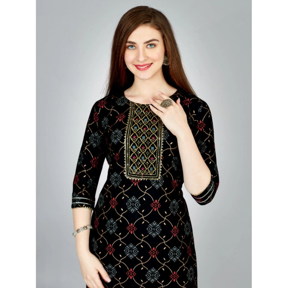 Shopper Beast Women's Casual 3-4 th Sleeve Embroidery Rayon Kurti Pant Set (Black)