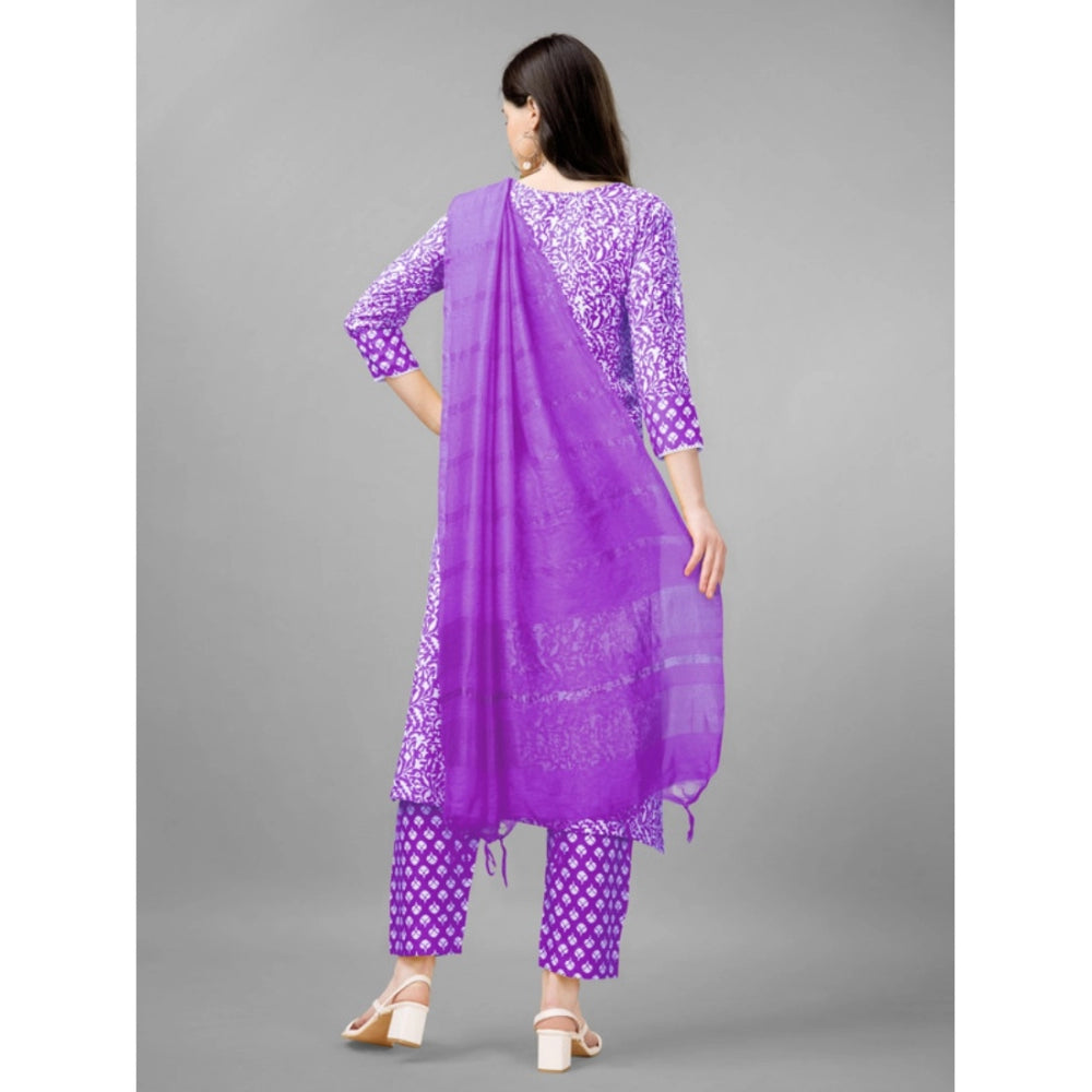 Shopper Beast Women's Casual 3-4 th Sleeve Embroidery Rayon Kurti Pant Dupatta Set (Purple)