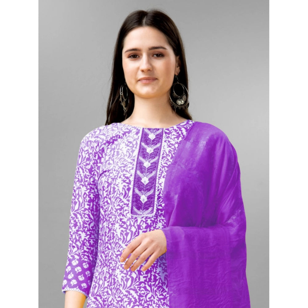 Shopper Beast Women's Casual 3-4 th Sleeve Embroidery Rayon Kurti Pant Dupatta Set (Purple)