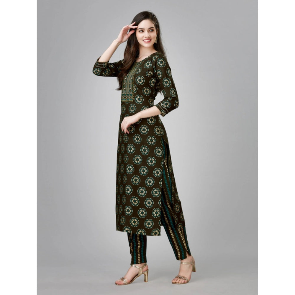 Shopper Beast Women's Casual 3-4 th Sleeve Embroidery Rayon Kurti Pant Set (Brown)