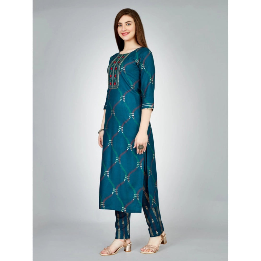 Shopper Beast Women's Casual 3-4 th Sleeve Embroidery Rayon Kurti Pant Set (Dark Blue)