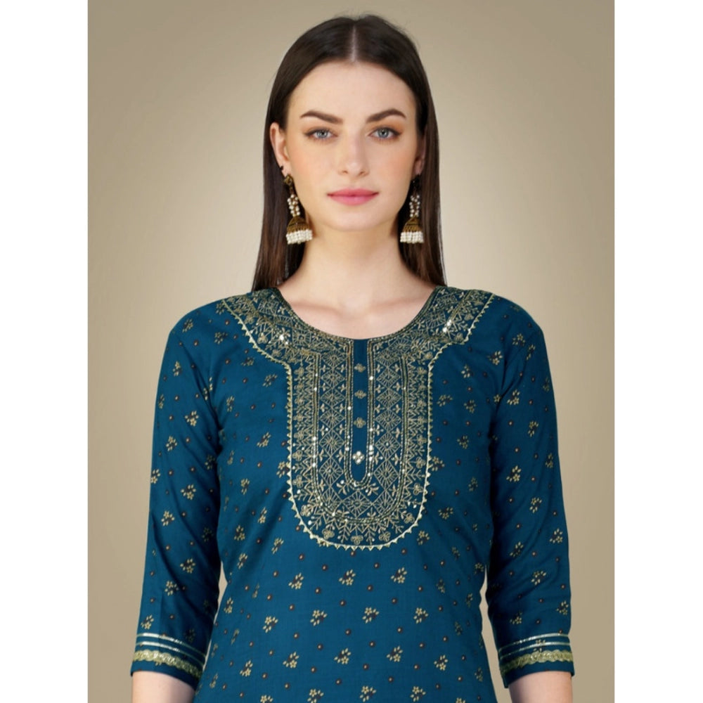 Shopper Beast Women's Casual 3-4 th Sleeve Embroidery Cotton Kurti Pant Dupatta Set (Blue )