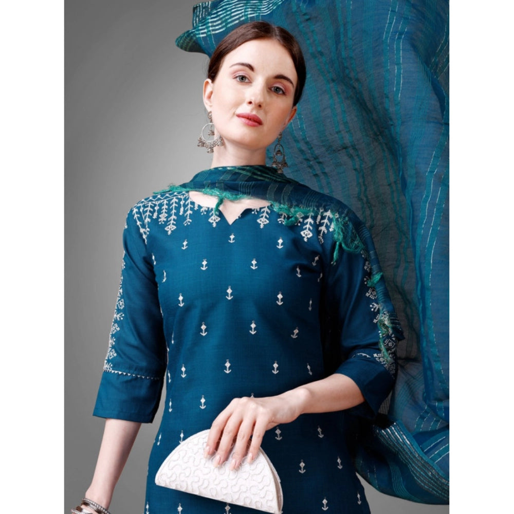 Shopper Beast Women's Casual 3-4 th Sleeve Embroidery Cotton Kurti Pant Dupatta Set (Blue )